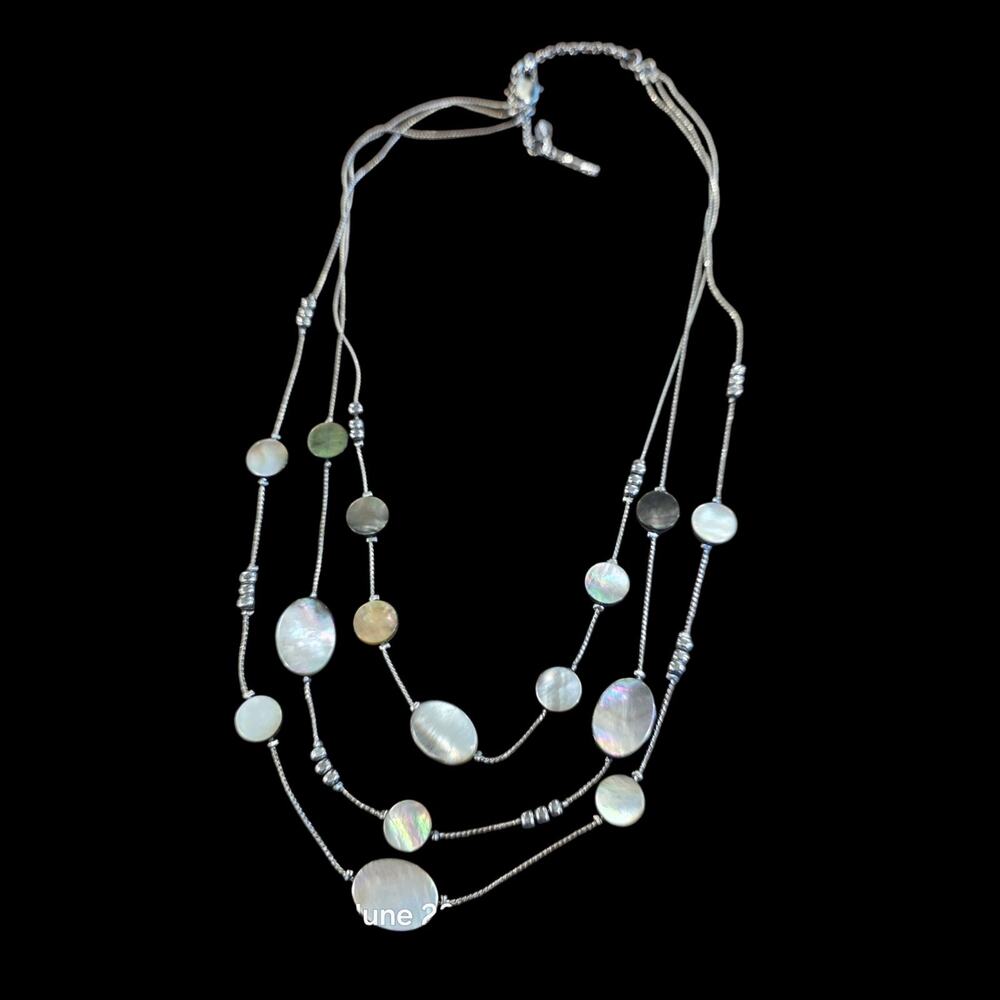 Kenneth Cole Iridescent Pearlescent Bead Multi 3 Strand Necklace Silver Tone.